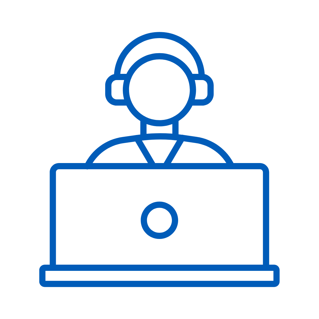 Line drawing of a person with a headset on and laptop computer in front of them.