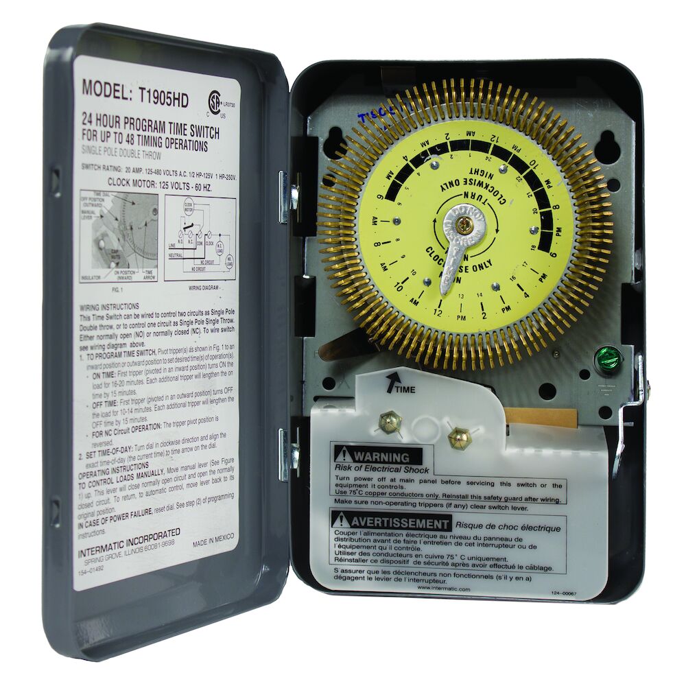 24-Hour Heavy-Duty Metal Dial Mechanical Time Switch, 125 VAC, 60Hz, SPDT, Indoor Metal Enclosure, 15 Minute Interval