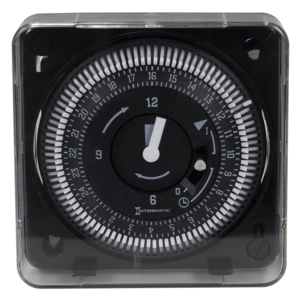 Electromechanical Synchronous clock, 24-Hour, 220-240 VAC, 50 Hz, Surface Mount Timer Module with Manual Override, 15 Minute Intervals, 16 A, SPDT, Black housing - TCC 111.2 180